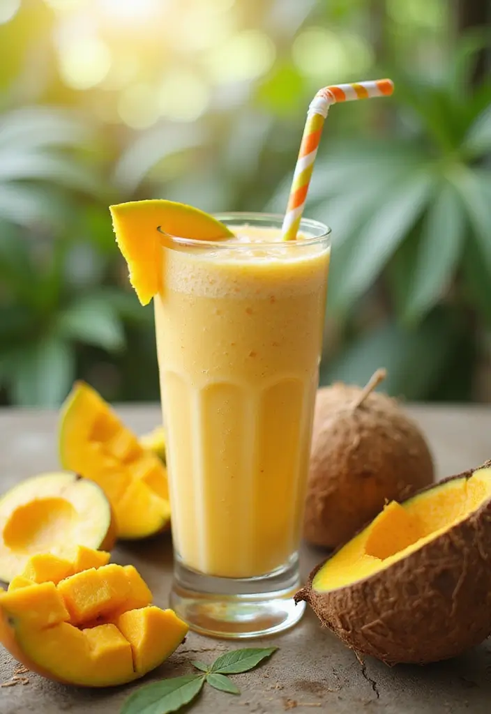 A vibrant Coconut Mango Smoothie in a clear glass with a colorful straw, surrounded by fresh mango slices and a coconut shell. The setting has tropical foliage and sunlight peeking through.