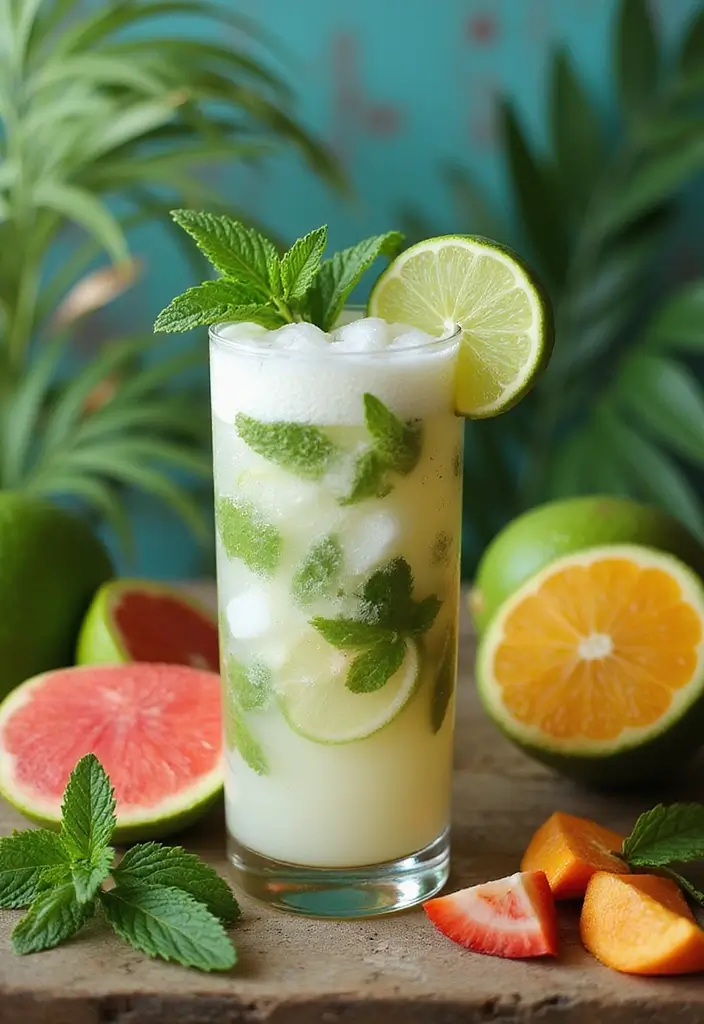 A Coconut Mojito in a tall glass garnished with fresh mint and lime slices, surrounded by vibrant tropical decorations like palm fronds and colorful fruits.