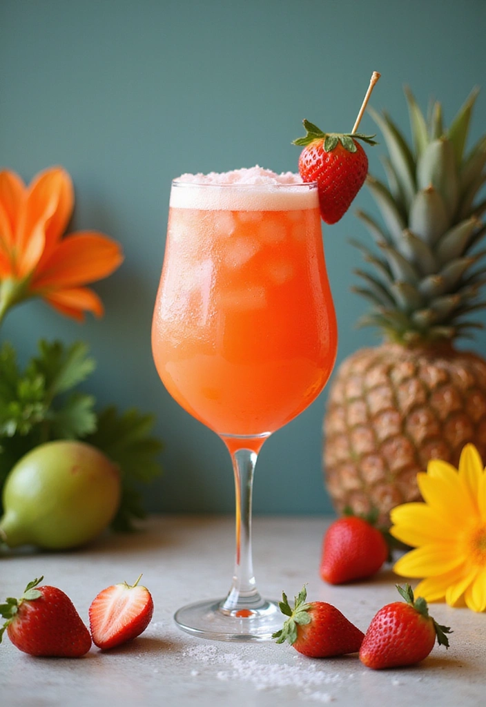 A vibrant Coconut Strawberry Daiquiri in a beautiful glass garnished with a fresh strawberry, surrounded by bright summer decorations like tropical flowers and fruits.