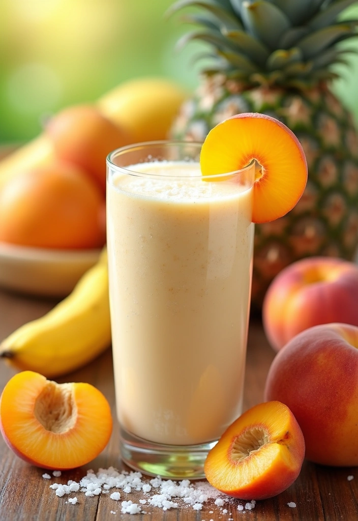 A Coconut and Apricot Smoothie in a clear glass garnished with apricot slices, set against a sunny summer backdrop filled with tropical fruits.