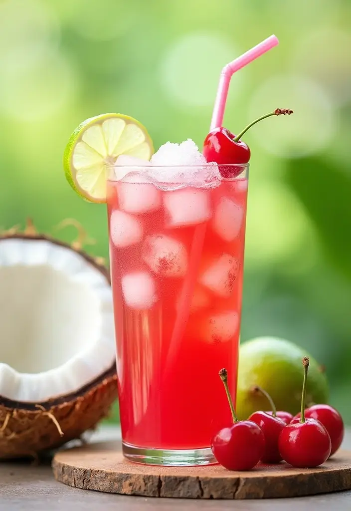 A Coconut and Cherry Limeade in a clear glass filled with ice, garnished with cherries and lime slices, set against a bright summer backdrop.