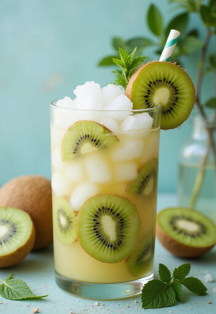 A Coconut and Kiwi Cooler in a clear glass filled with ice, garnished with kiwi slices and mint leaves, set against a sunny summer backdrop.