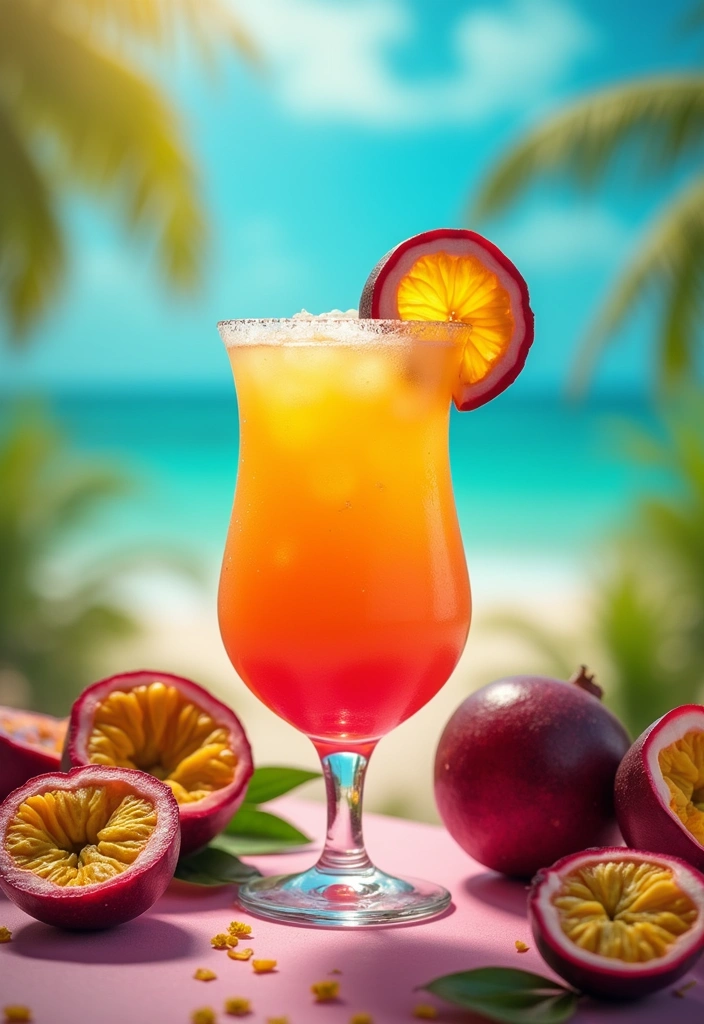 A Coconut and Passion Fruit Smash in a vibrant glass garnished with passion fruit seeds, set against a tropical summer backdrop filled with bright colors.