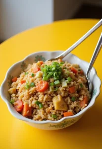 A colorful plate of vegetable fried rice filled with various vegetables, served with chopsticks and garnished with green onions, set on a bright table.
