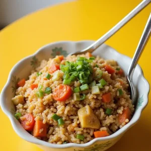 A colorful plate of vegetable fried rice filled with various vegetables, served with chopsticks and garnished with green onions, set on a bright table.