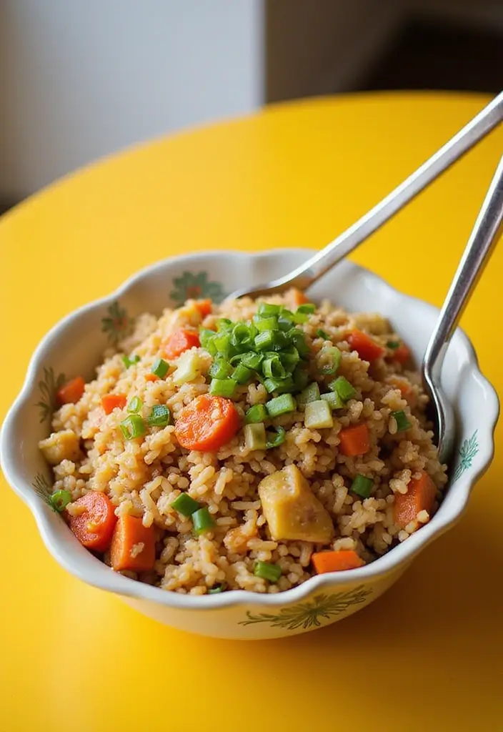 A colorful plate of vegetable fried rice filled with various vegetables, served with chopsticks and garnished with green onions, set on a bright table.