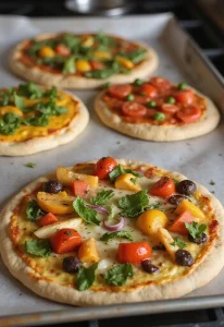 Satisfy Your Cravings: Dutch Oven Pizza Recipe for Outdoor Adventures Four colorful pita pizzas topped with an assortment of vegetables, arranged on a baking tray ready for the oven, displayed in a lively kitchen setting.
