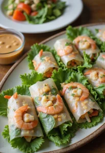 Colorful Salad Rolls with Shrimp and Peanut Sauce wrapped in rice paper, served chilled with peanut butter sauce, elegantly displayed on a serving platter.