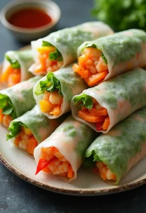 Colorful Salad Rolls with Shrimp and Peanut Sauce wrapped in rice paper, served chilled with peanut butter sauce, elegantly displayed on a serving platter.