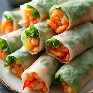 Colorful Salad Rolls with Shrimp and Peanut Sauce wrapped in rice paper, served chilled with peanut butter sauce, elegantly displayed on a serving platter.