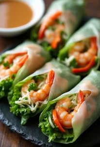 Colorful Salad Rolls with Shrimp and Peanut Sauce wrapped in rice paper, served chilled with peanut butter sauce, elegantly displayed on a serving platter.