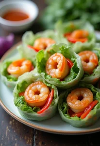 Colorful Salad Rolls with Shrimp and Peanut Sauce wrapped in rice paper, served chilled with peanut butter sauce, elegantly displayed on a serving platter.