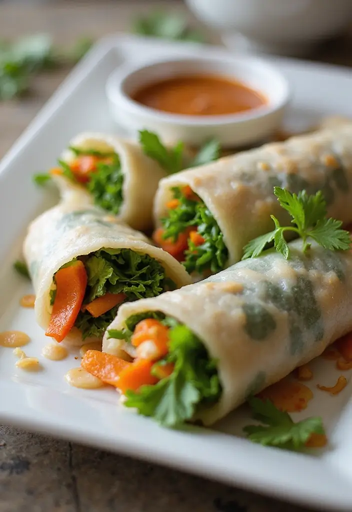 Fresh rice paper salad rolls filled with vibrant veggies and served with dipping sauce, elegantly displayed on a serving platter.