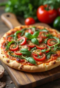 Satisfy Your Cravings: Dutch Oven Pizza Recipe for Outdoor Adventures A colorful veggie pizza topped with a variety of vegetables, freshly baked and served on a wooden cutting board