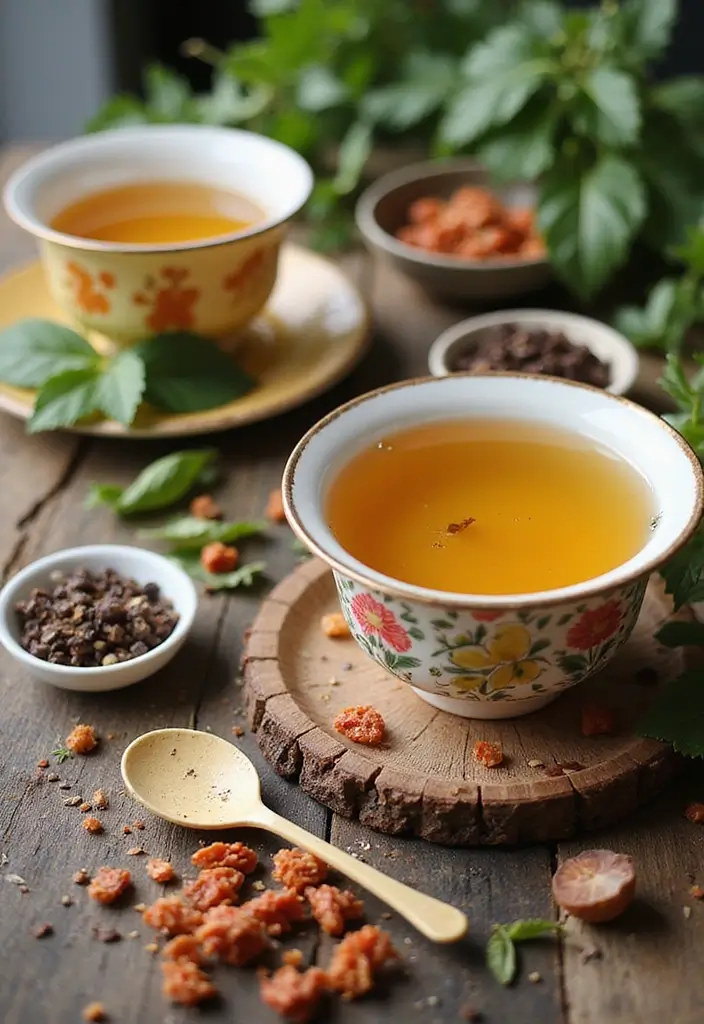 A beautiful collection of different tea recipes showcased together, featuring colorful cups of tea, fresh ingredients, and an inviting setting. The scene captures the essence of tea love.