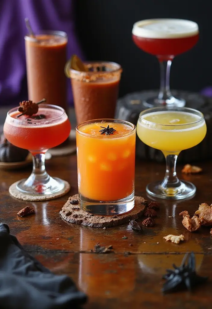 A vibrant collage of various colorful Halloween cocktails displayed elegantly on a table, reflecting a festive and spooky atmosphere
