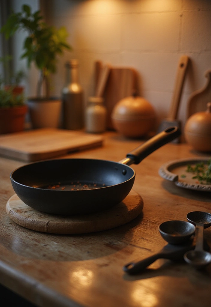 A cozy kitchen scene showcasing the essential cooking tools like a skillet, spatula, and measuring spoons, arranged neatly on a countertop