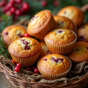 A basket of freshly baked cranberry orange muffins, beautifully arranged with festive decorations, creating a warm and inviting atmosphere for Christmas.
