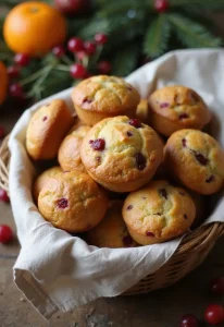 A basket of freshly baked cranberry orange muffins, beautifully arranged with festive decorations, creating a warm and inviting atmosphere for Christmas.