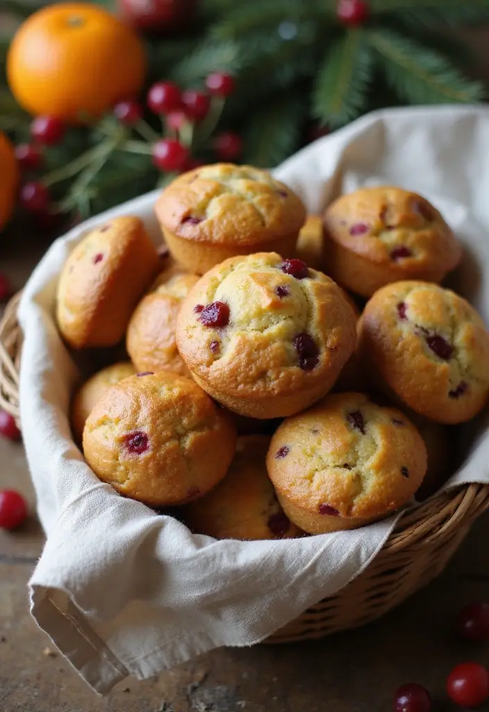 A basket of freshly baked cranberry orange muffins, beautifully arranged with festive decorations, creating a warm and inviting atmosphere for Christmas.