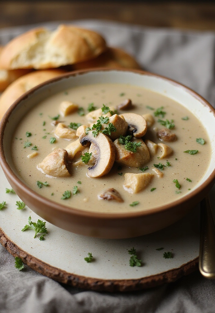 A rustic bowl of Creamy Chicken and Mushroom Soup, garnished with herbs, accompanied by warm bread, beautifully presented