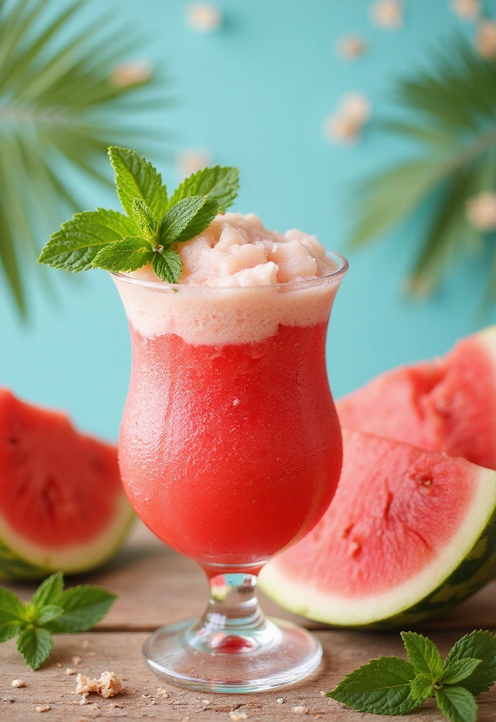A refreshing Creamy Coconut Watermelon Slush in a colorful glass garnished with mint leaves, set against a vibrant summer backdrop with watermelons and tropical decor.