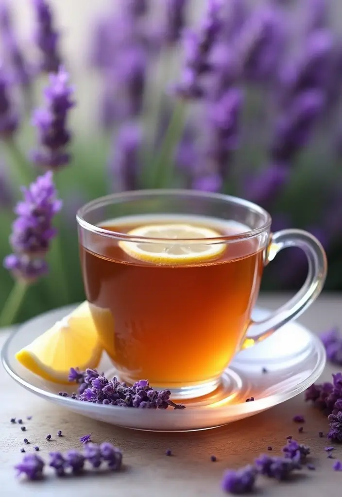 A delicately brewed cup of Earl Grey Lavender Tea, accented with a slice of lemon and a sprinkle of lavender flowers on the saucer. The setting includes a soft-focus background of blooming lavender plants, creating an enchanting atmosphere.