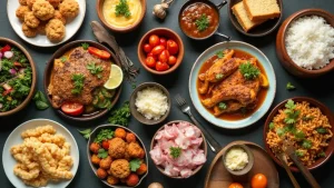 Healthy family dinner ideas: A colorful, inviting layout of various easy family dinners laid out on a table, showcasing vibrant ingredients, steaming dishes, and a cozy family setting