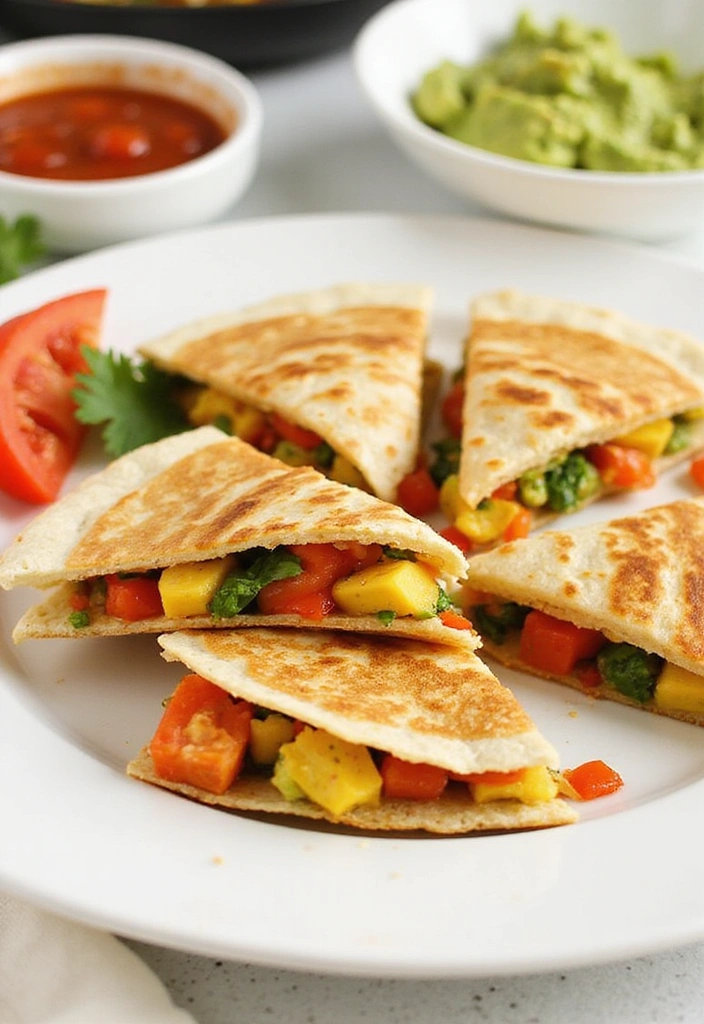 A plate of Easy Veggie Quesadillas cut into wedges, with colorful fillings peeking out, served with salsa and guacamole, presented attractively