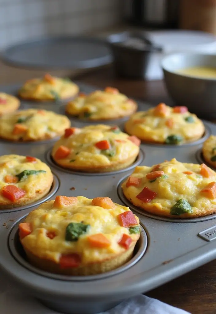 Healthy Breakfast Recipes with Eggs: A muffin tray filled with colorful egg and veggie muffins, fresh out of the oven, placed on a kitchen counter.