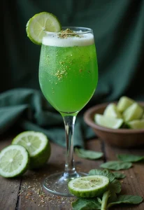 Fairy Fizz Cocktail with Gin: A whimsical flute filled with a sparkling green drink, garnished with cucumber and edible glitter