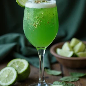 Fairy Fizz Cocktail with Gin: A whimsical flute filled with a sparkling green drink, garnished with cucumber and edible glitter