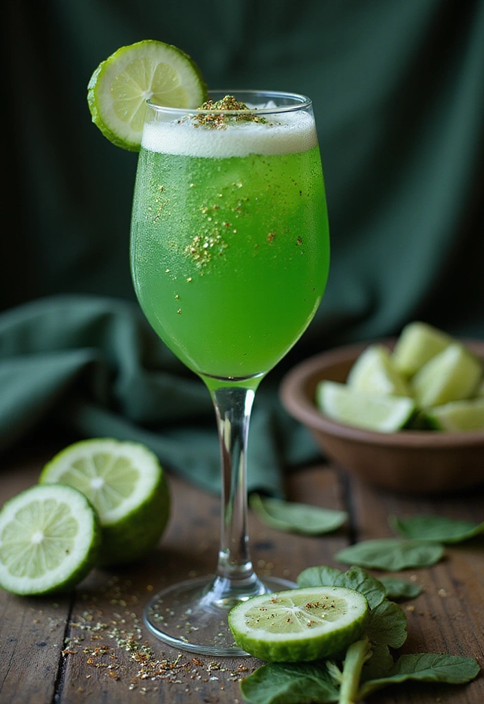 Fairy Fizz Cocktail with Gin: A whimsical flute filled with a sparkling green drink, garnished with cucumber and edible glitter
