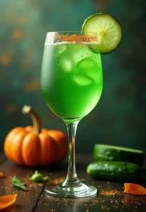 A whimsical flute filled with a sparkling green drink, garnished with cucumber and edible glitter, set against a fairy-like Halloween backdrop