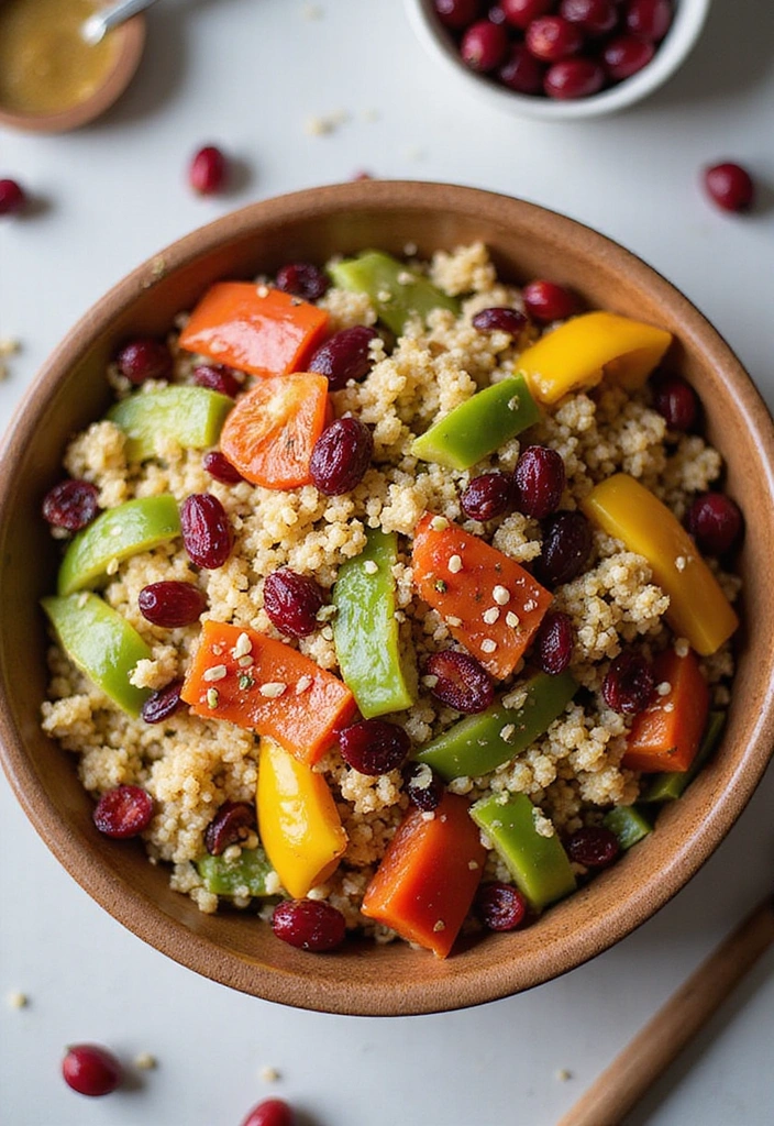 A bowl of colorful Festive Mediterranean Quinoa Salad filled with vibrant peppers, cranberries, and fresh quinoa, artfully arranged, capturing a delightful holiday feast