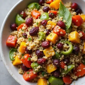 A bowl of colorful Festive Mediterranean Quinoa Salad filled with vibrant peppers, cranberries, and fresh quinoa