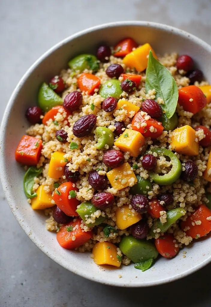 A bowl of colorful Festive Mediterranean Quinoa Salad filled with vibrant peppers, cranberries, and fresh quinoa