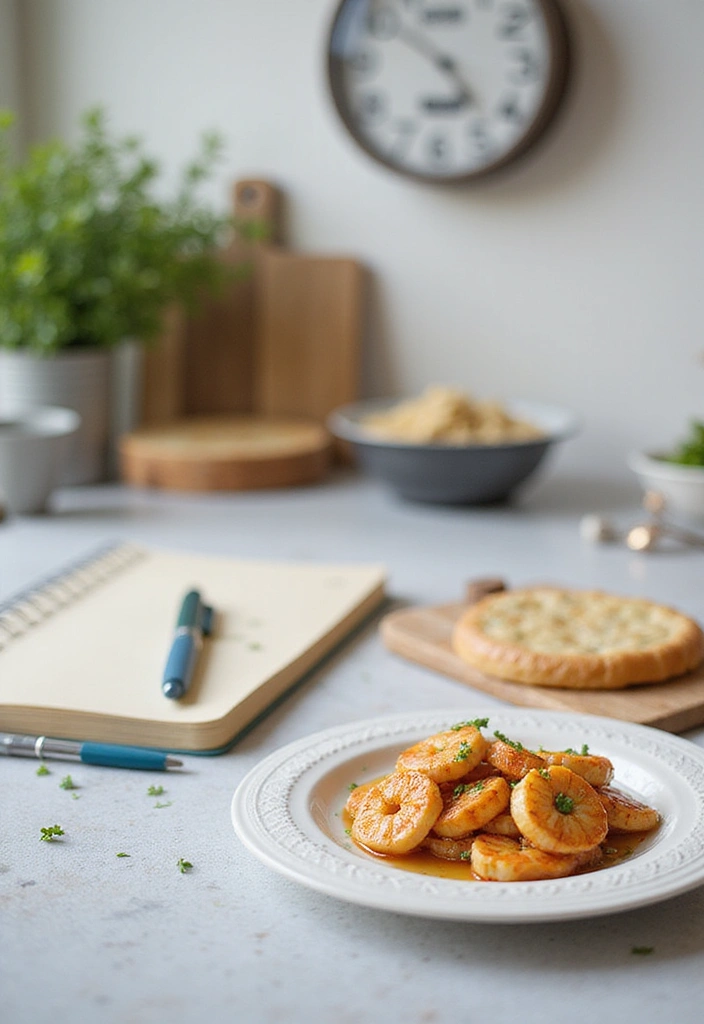 A clean and organized kitchen counter displaying the honey garlic shrimp recipe with visually engaging elements like a notebook and pens