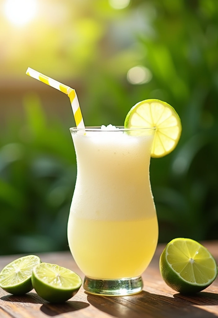 A bright Frozen Coconut Limeade served in a frosty glass, adorned with lime slices and a colorful straw. The background features a sunny patio setting with tropical plants.