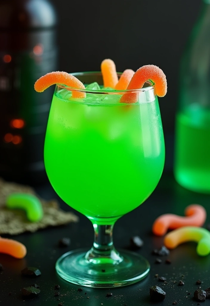 A green goblet filled with a glowing green cocktail, topped with gummy worms on a table