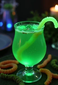 A vibrant green goblet filled with a glowing green cocktail, topped with gummy worms and placed on a spooky Halloween table setting