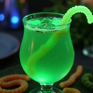 A vibrant green goblet filled with a glowing green cocktail, topped with gummy worms and placed on a spooky Halloween table setting