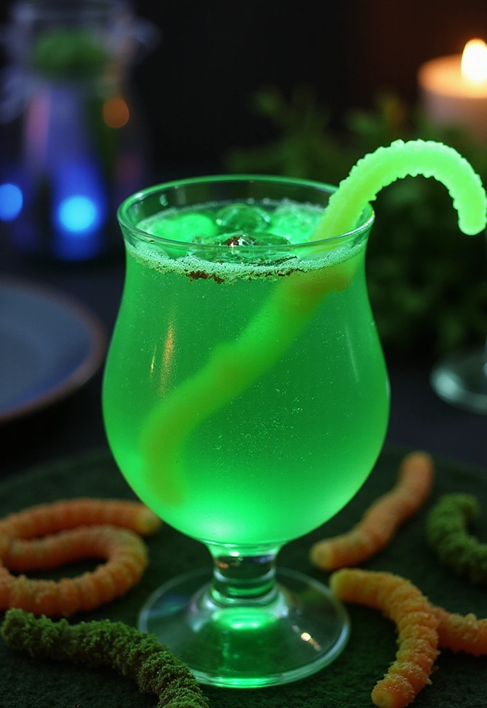 A vibrant green goblet filled with a glowing green cocktail, topped with gummy worms and placed on a spooky Halloween table setting