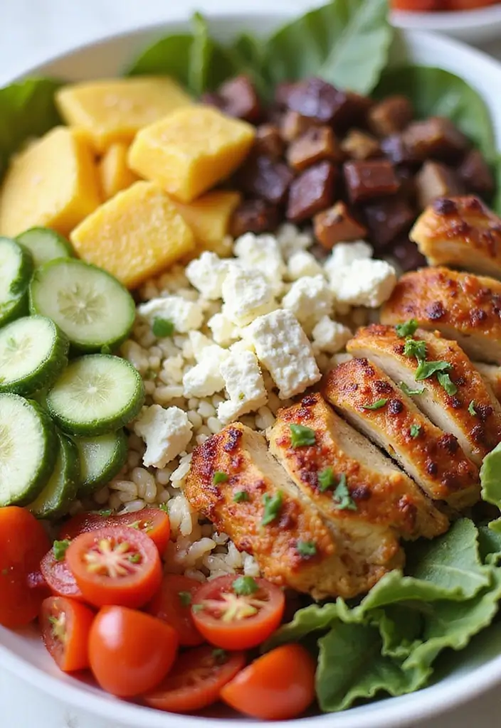 A colorful Greek Chicken Bowl, beautifully layered with chicken, veggies, rice, and feta