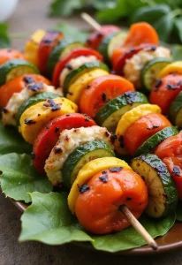 Grilled vegetable skewers with colorful veggies arranged on a platter, beautifully presented for outdoor dining
