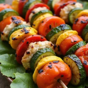 Grilled vegetable skewers with colorful veggies arranged on a platter, beautifully presented for outdoor dining