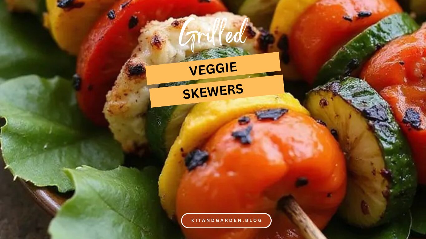 Grilled vegetable skewers with colorful veggies arranged on a platter, beautifully presented for outdoor dining