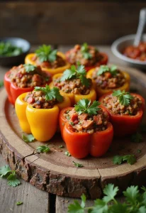 A colorful assortment of Holiday Stuffed Bell Peppers with Ground Beef displayed on a rustic wooden table, filled with vibrant ingredients and garnished with fresh cilantro. The visual is eye-catching and festive