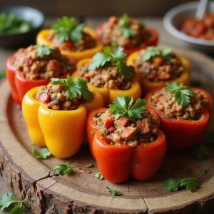 A colorful assortment of Holiday Stuffed Bell Peppers with Ground Beef displayed on a rustic wooden table, filled with vibrant ingredients and garnished with fresh cilantro. The visual is eye-catching and festive