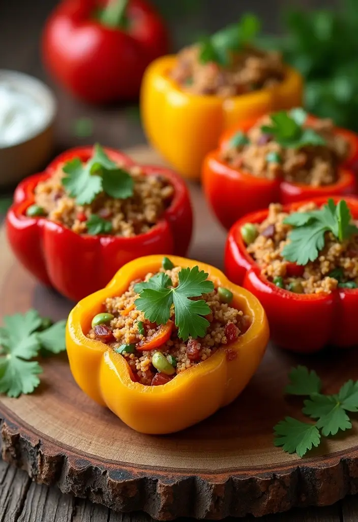 A colorful assortment of Holiday Stuffed Peppers with Ground Beef displayed on a rustic wooden table, filled with vibrant ingredients and garnished with fresh cilantro.